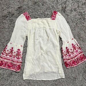 Boho Western Wrangler Embroidered Flare Sleeve Top Size S